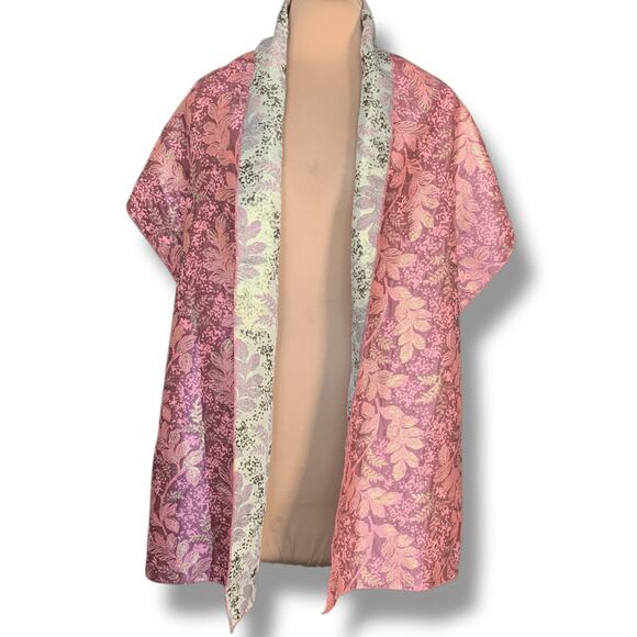 The Little Tichel Lady Reversible Pink Green Metallic Floral Brocade Shawl Scarf - Picture 3 of 10